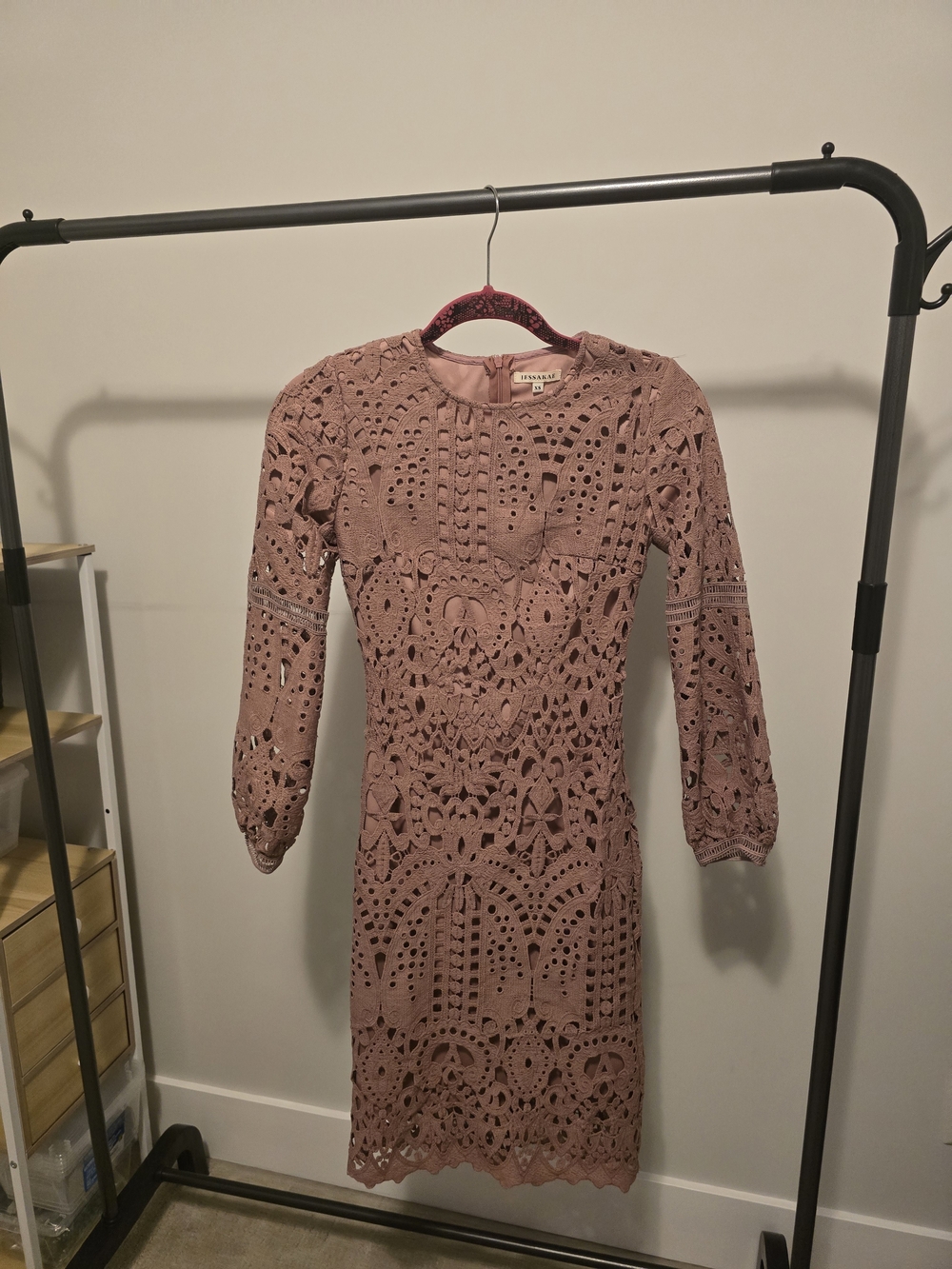 JessaKae Dusty Rose Crochet Lace Long Sleeve Midi Dress